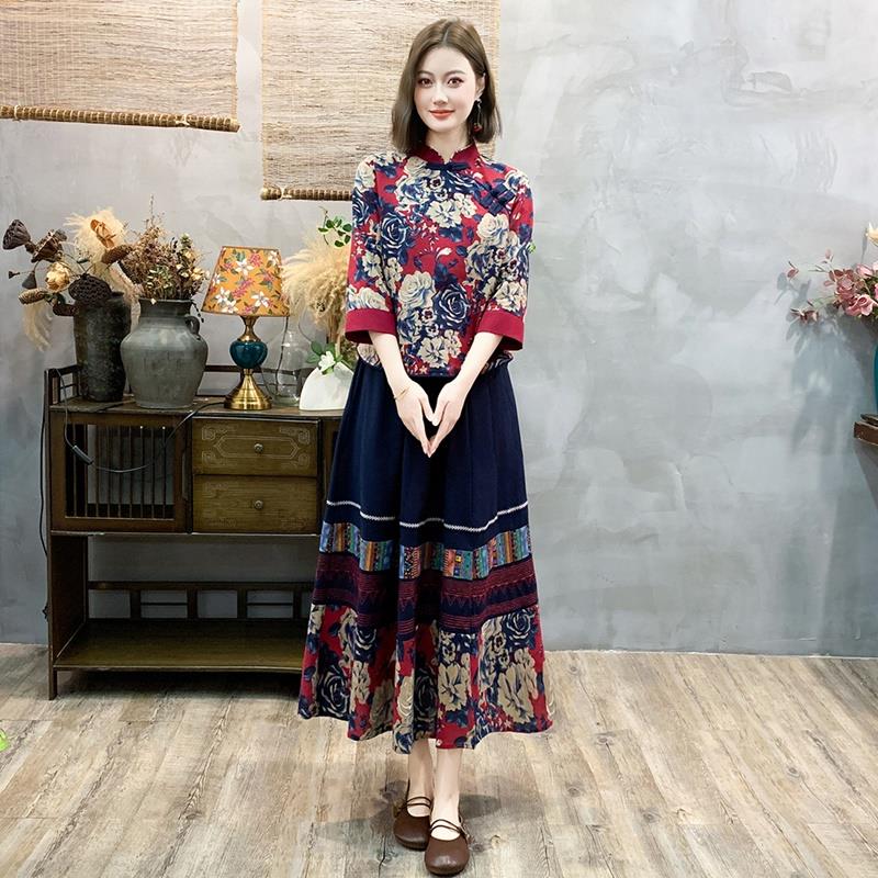 唐装风大码复古裙茶服中国民族上衣棉麻夏秋风春套装女装改良旗袍