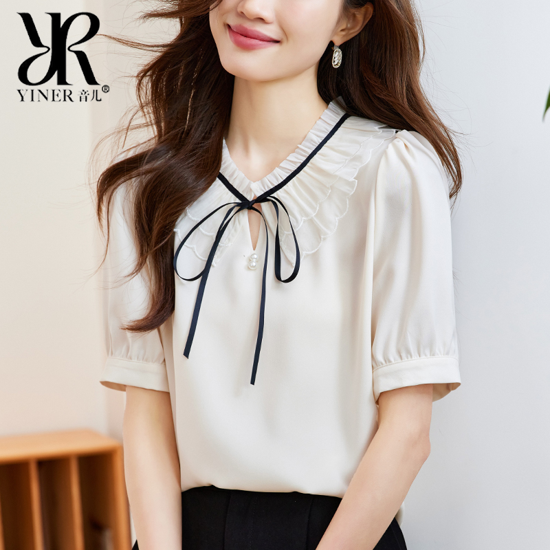 音儿花边娃娃领短袖白衬衫女2024夏季新款设计感小众法式甜美上衣