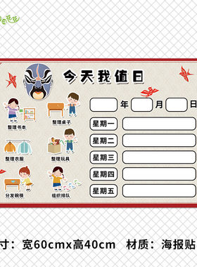 幼儿园中国风红色主题墙区域角环创值日生来园离园五件事晨检喝水