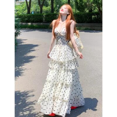 带胸垫原版品质罗马假日法式吊带连衣裙夏季显瘦波点蛋糕长裙