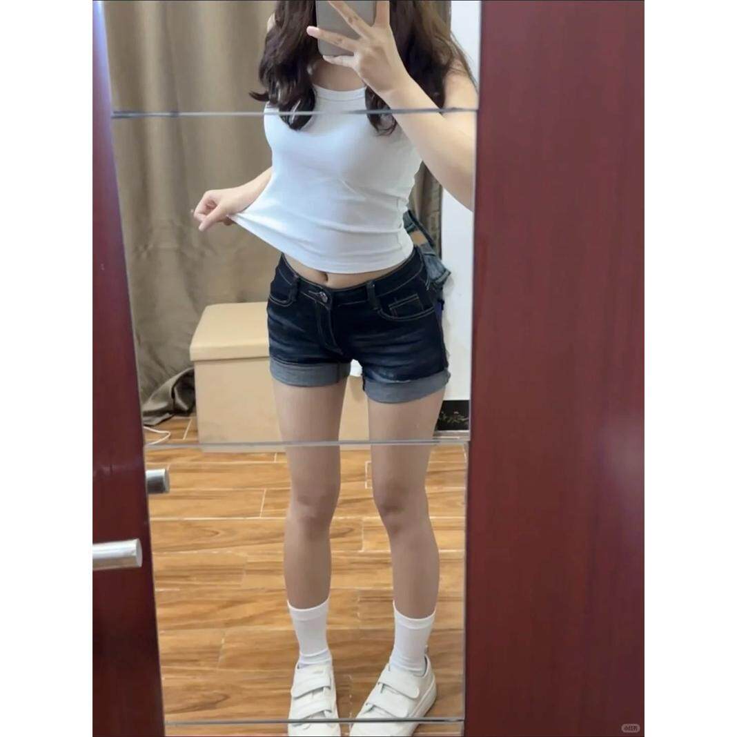 小个子辣妹高腰显瘦牛仔超短裤女夏季新款深蓝色设计感卷边热裤子