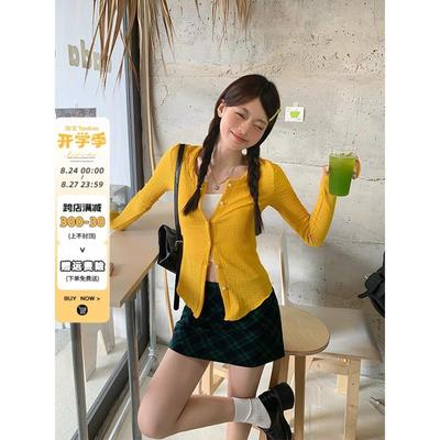 宋正恩黄色针织开衫女早秋新款薄款修身时尚韩系防晒长袖上衣外套