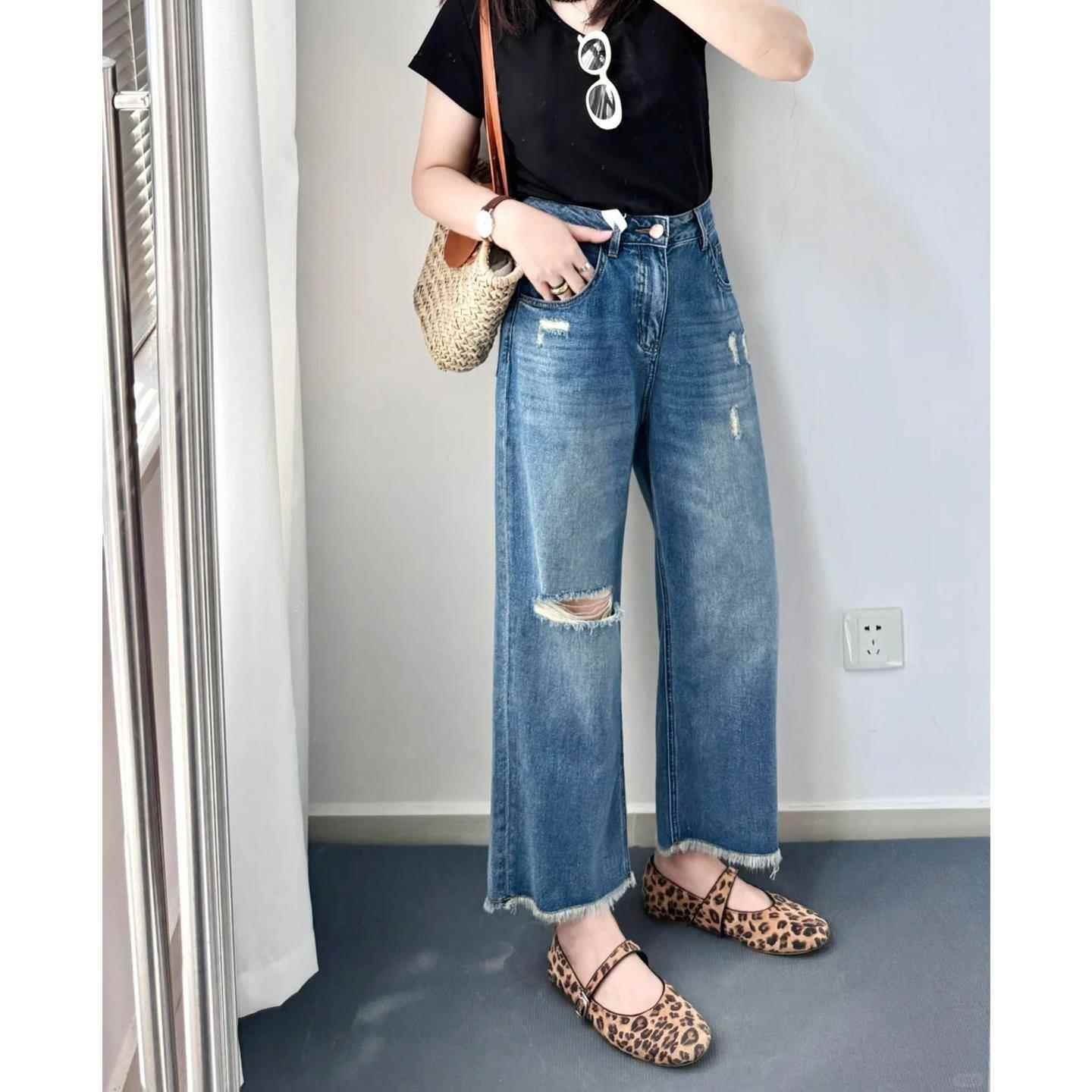 夏日破洞牛仔裤大码女胖mm宽松显瘦九分阔腿裤小个子薄款直筒裤子