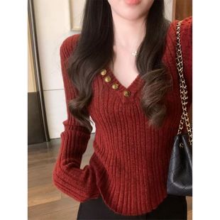 圣诞安可拉红色v领针织毛衣女秋冬新款高级感修身内搭打底衫上衣