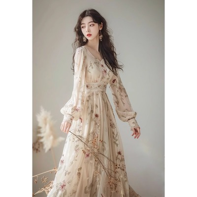 法式茶歇V领碎花连衣裙女春夏复古温柔风气质收腰显瘦超仙女长裙