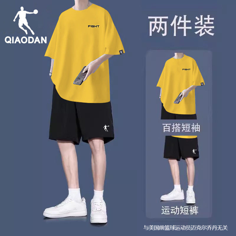 乔丹运动套装男2026夏季新款宽松透气两件套上衣黑色速干五分短裤