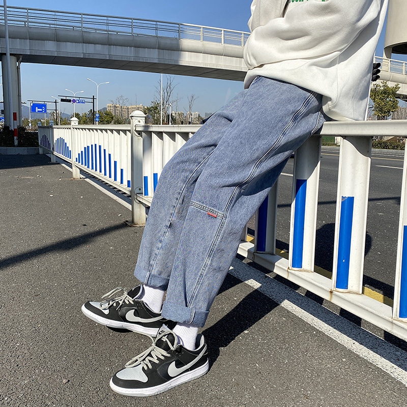 Spring and summer fried yarn grey new straight loose jeans men's trend youth quarter pants