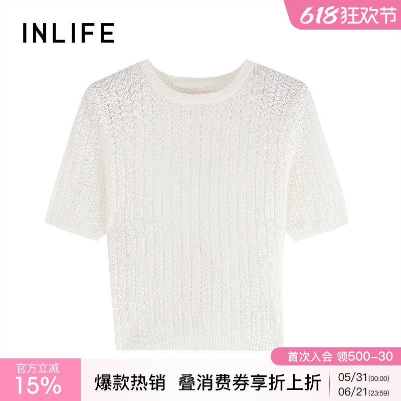伊纳芙设计感露背开叉短袖针织衫女夏季新款时尚百搭圆领短款毛衫