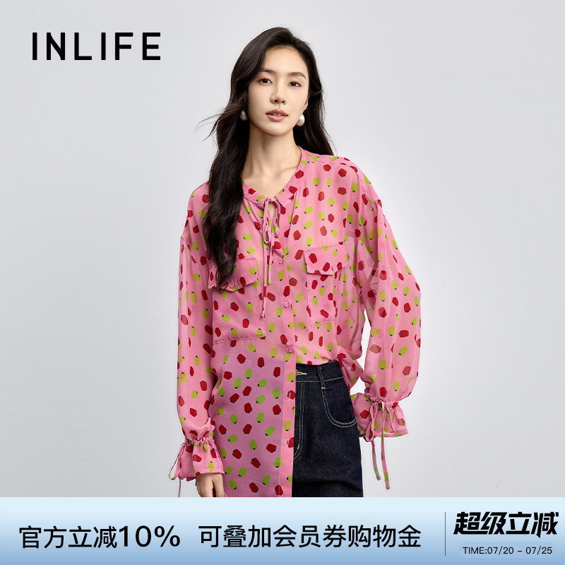 伊纳芙甜美薄款印花长袖衬衫新款高级气质百搭透气宽松雪纺衬衣