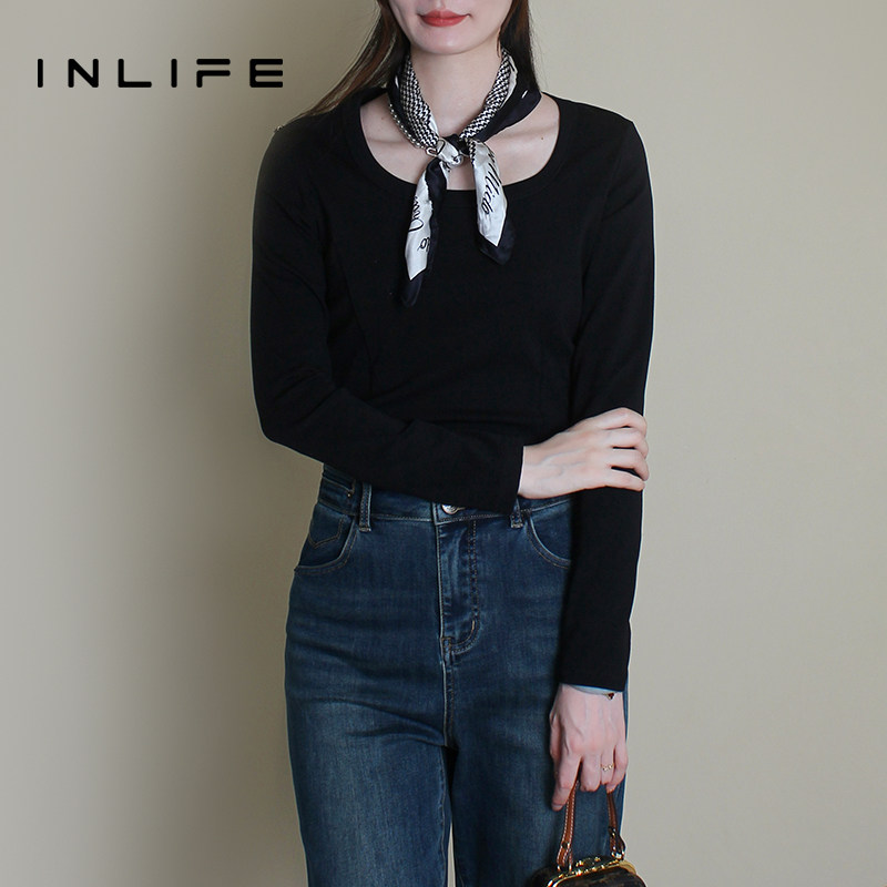 伊纳芙正肩长袖T恤女秋季新款修身显瘦U领打底衫时尚百搭黑色上衣