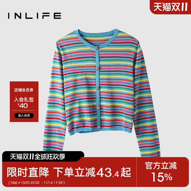 条纹针织衫inlife单排扣圆领开衫