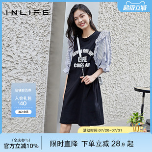 甜美休闲宽松连衣裙 伊纳芙夏季 拼接短袖 T恤裙女2025新款 黑色韩版