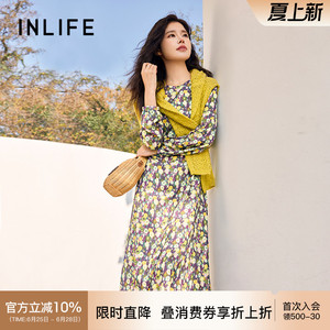 伊纳芙法式圆领印花连衣裙女2026春新款高级收腰显瘦气质中长裙子
