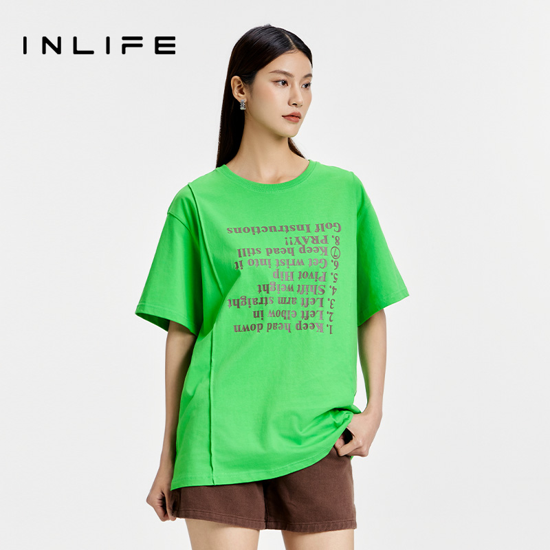 伊纳芙纯棉短袖女t恤夏季新款时尚字母印花大码宽松中长款潮上衣
