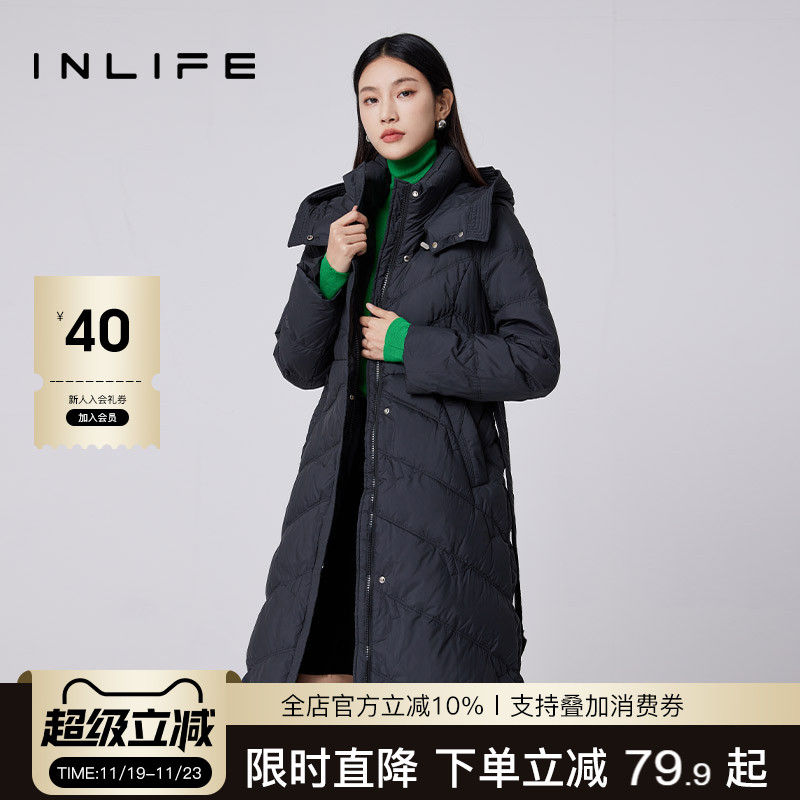 inlife中长款白鹅绒羽绒服女冬