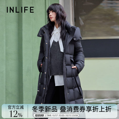 伊纳芙黑色长款连帽保暖羽绒服