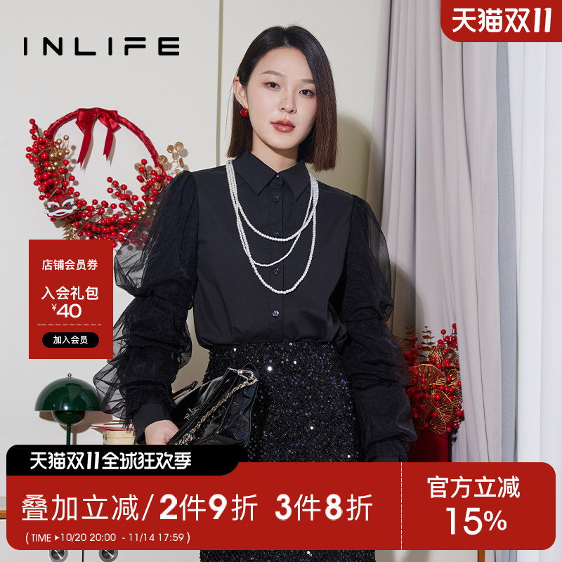 inlife高级气质薄纱黑色雪纺衬衫