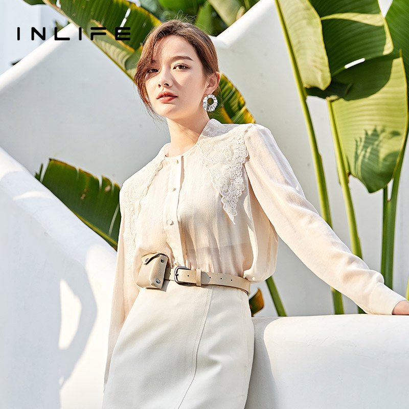 inlife法式复古蕾丝拼接长袖衬衫