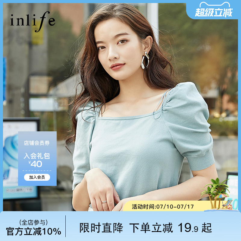 inlife气质薄款短袖方领针织衫女
