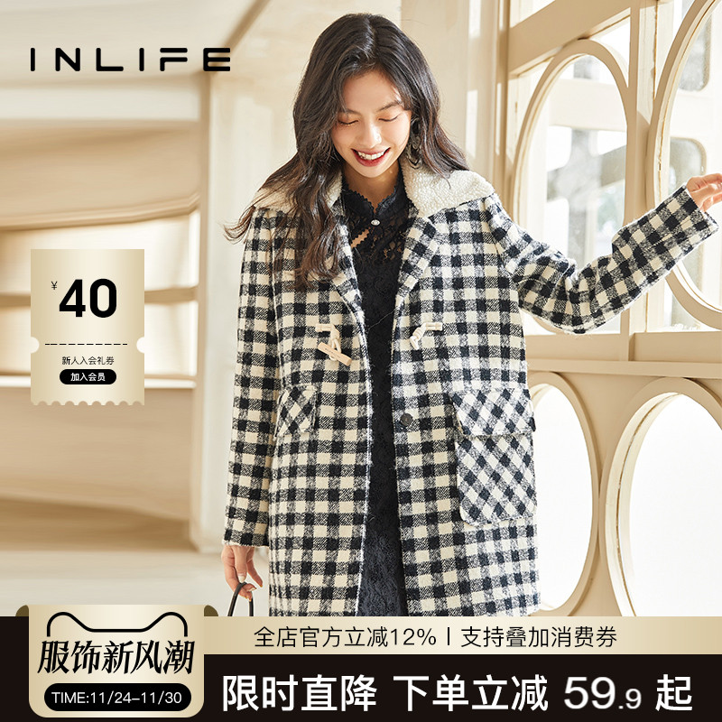 inlife伊纳芙毛呢外套2025冬新款黑白格高级感超好看的中长款大衣