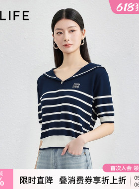 伊纳芙撞色海军领条纹短袖针织衫女春秋新款通勤短款修身套头上衣