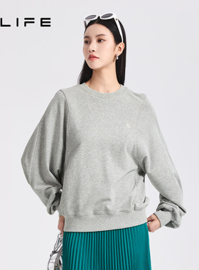 伊纳芙韩系纯棉慵懒圆领灰色长袖卫衣女秋冬宽松休闲时尚百搭上衣