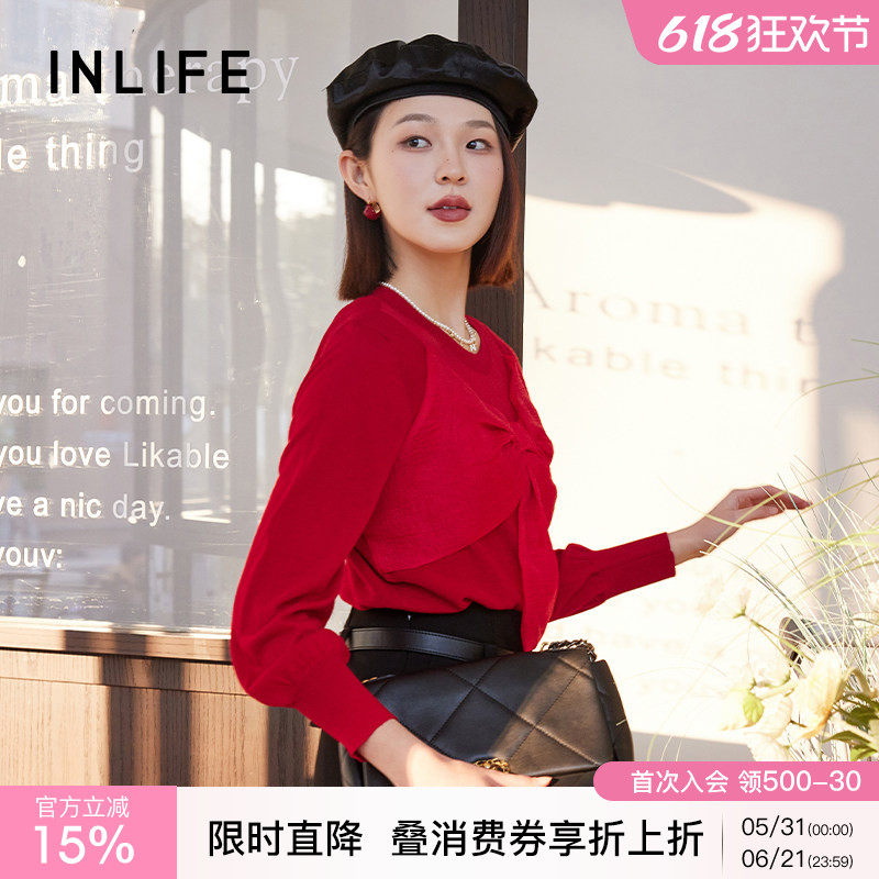 伊纳芙高级感蝴蝶结圆领针织衫女春季新款气质时尚短款红色羊毛衫