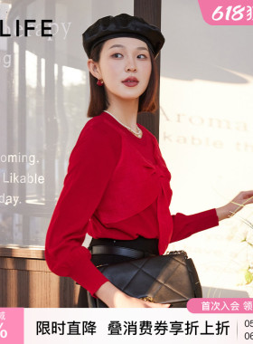 伊纳芙高级感蝴蝶结圆领针织衫女春季新款气质时尚短款红色羊毛衫
