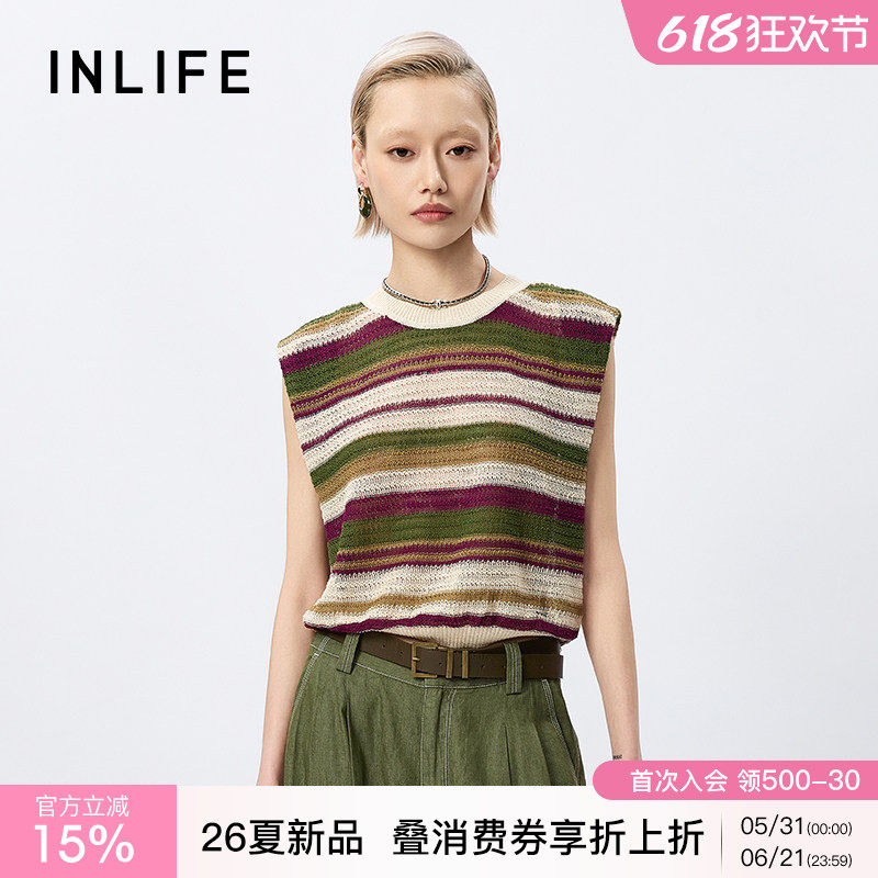 伊纳芙复古条纹无袖冰丝针织衫女夏季新款撞色圆领毛衫背心小上衣