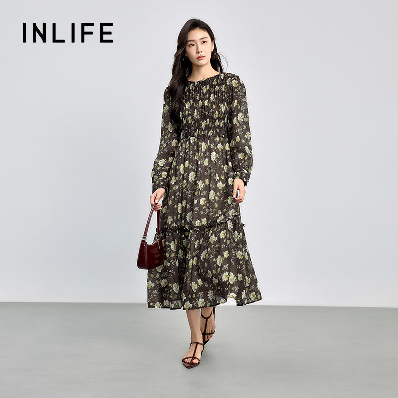 伊纳芙法式复古碎花连衣裙女2025秋新款圆领收腰显瘦气质中长裙子,女装/女士精品,连衣裙,淘宝优惠券,粉丝福利购,淘宝优惠卷