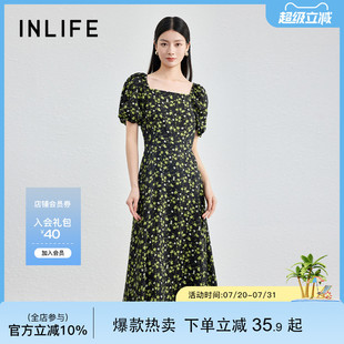 收腰中长裙子 伊纳芙法式 复古方领碎花连衣裙女2025夏季 新款 泡泡袖