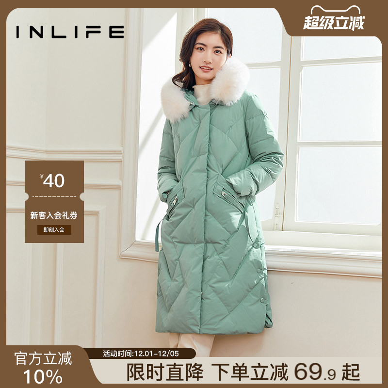 inlife白鸭绒长款保暖羽绒服