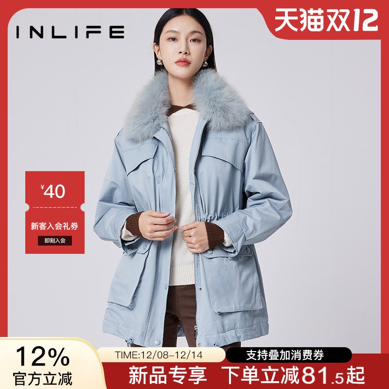 伊纳芙中长款狐狸毛领收腰派克服