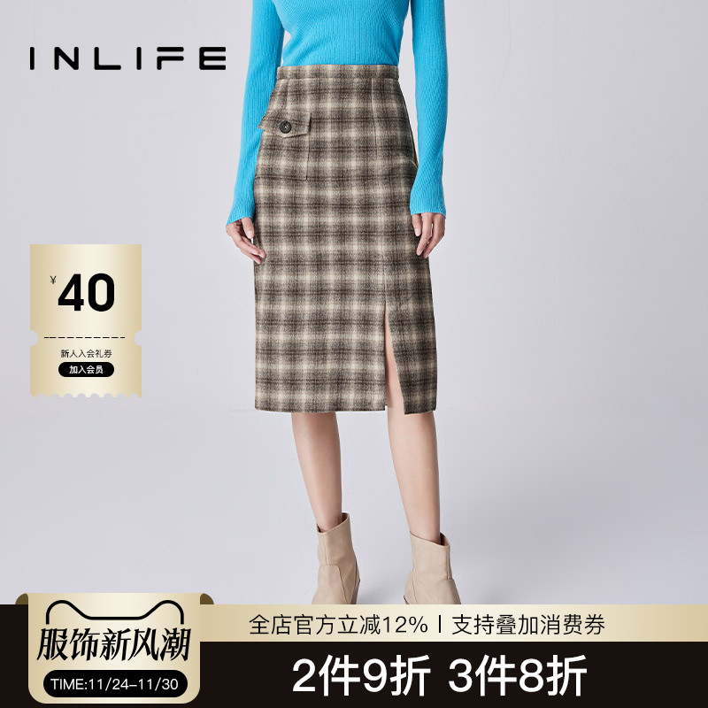 inlife美拉德羊毛格子半身裙