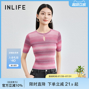 显瘦短款 伊纳芙正肩条纹圆领短袖 气质修身 针织衫 上衣 女2025夏新款