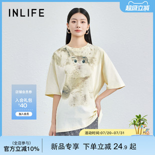 休闲纯棉气质上衣 伊纳芙美式 宽松卡通印花短袖 T恤女2025秋季 新款