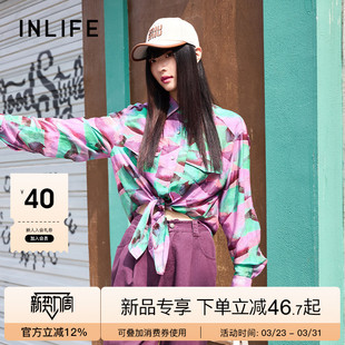 新款 女春季 时尚 休闲宽松露脐小衫 上衣 伊纳芙艺术印花长袖 个性 衬衫