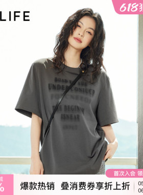 伊纳芙美式圆领字母短袖T恤女2026夏新款慵懒风纯棉宽松休体恤