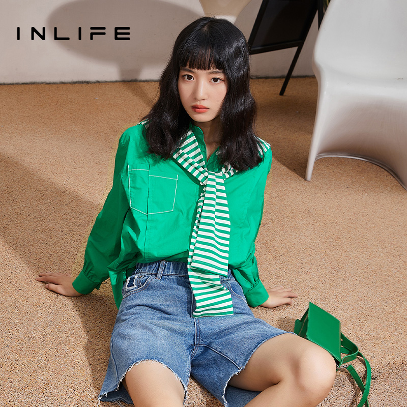 inlife长袖纯棉衬衫简约舒适