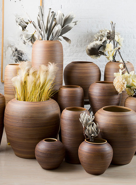 复古陶罐落地大花瓶户外摆件中式客厅酒店装饰品插花干花粗陶瓷瓶