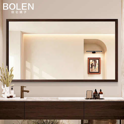 BOLEN 实木中古风复古侘寂风浴室镜卫生间镜打孔壁挂卫浴洗漱镜子