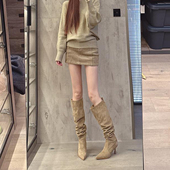 2026春秋新款 女尖头细跟高筒靴网红瘦瘦靴绒面高跟褶皱堆堆靴长靴