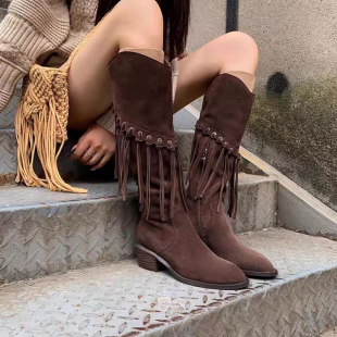 2025秋冬废土风流苏靴女粗跟长筒靴子尖头不过膝西部牛仔靴骑士靴