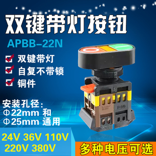APBB-22N-25N 双键带灯 按钮开关 双位 带灯自复开关 铜件