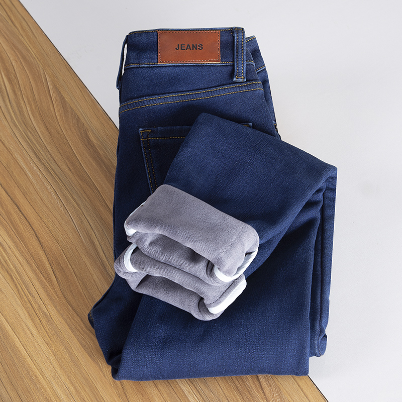 新款加绒加厚高腰深蓝色紧身显瘦牛仔裤女长裤九分弹力小脚铅笔裤