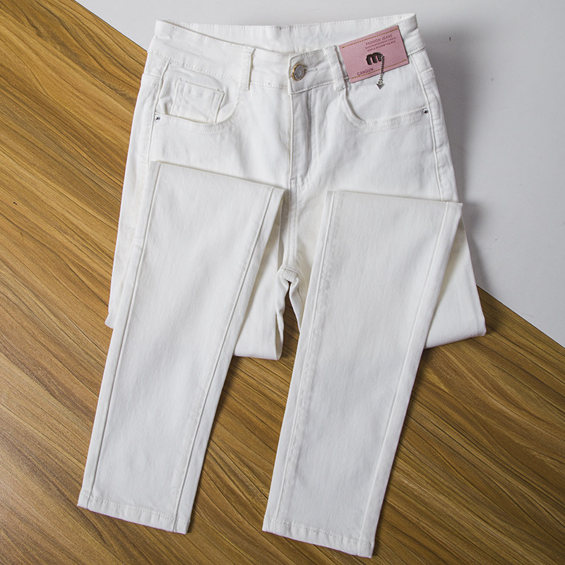 原创欧货修身显瘦白色牛仔裤女2026新款高腰紧身九分小脚铅笔长裤