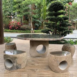 鹅卵石石桌石凳庭院花园户外园林户外休闲圆桌石桌茶台石桌