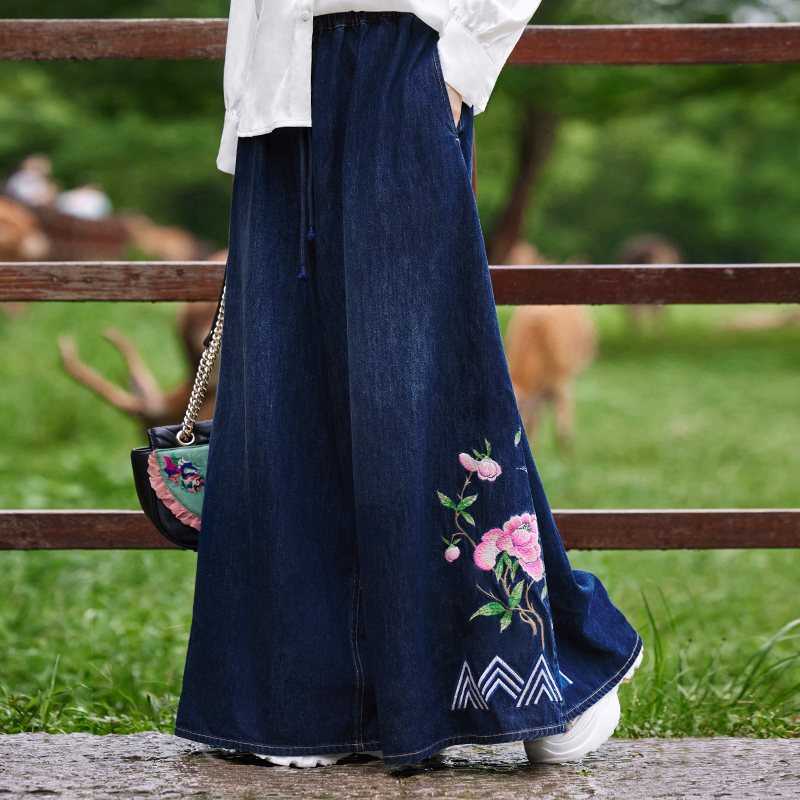 花制作/风舞/原创民族风刺绣牛仔裤设计感休闲裙裤2023新款阔腿裤