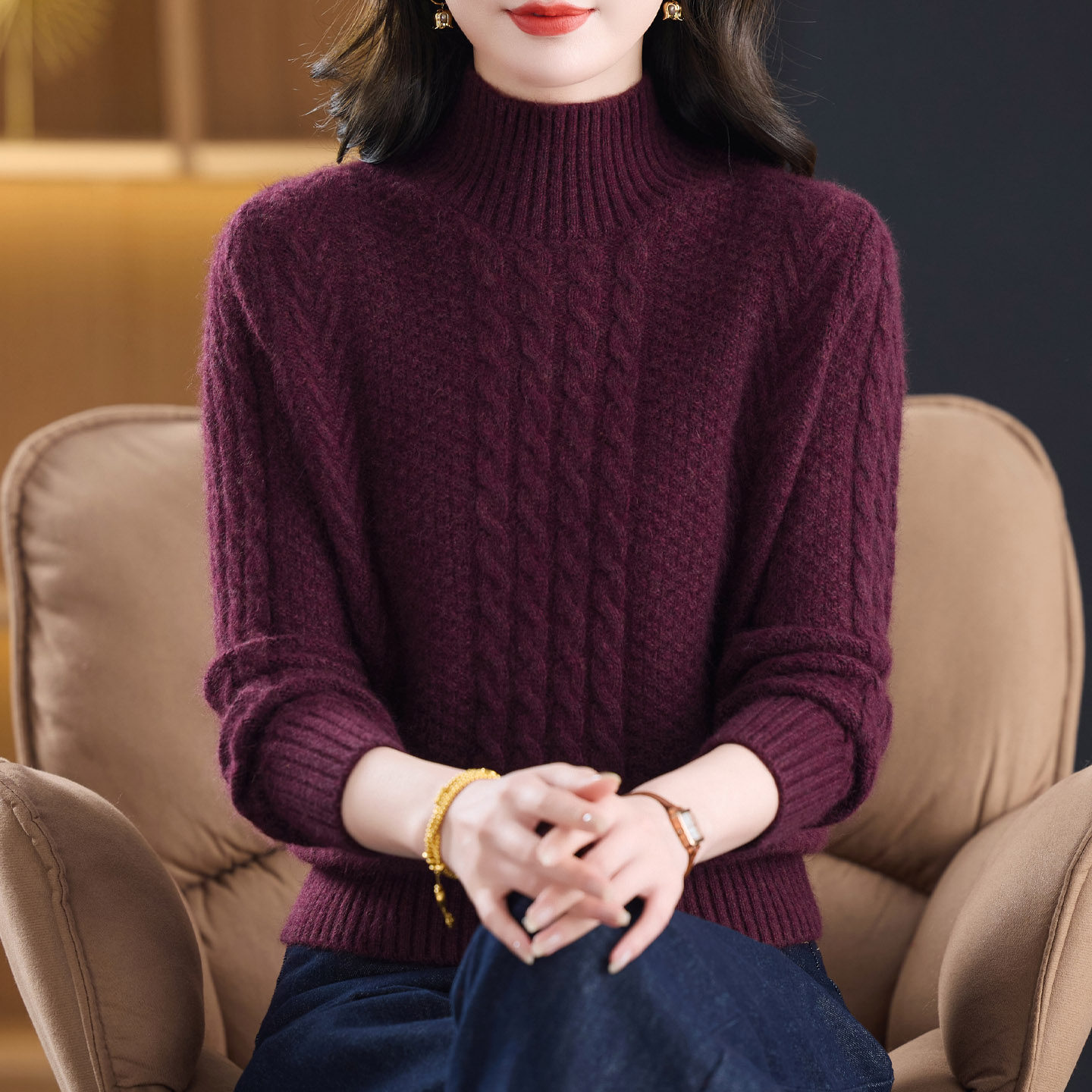 羊毛衫女100纯羊毛半高领加厚毛衣宽松内搭打底衫秋冬季保暖上衣