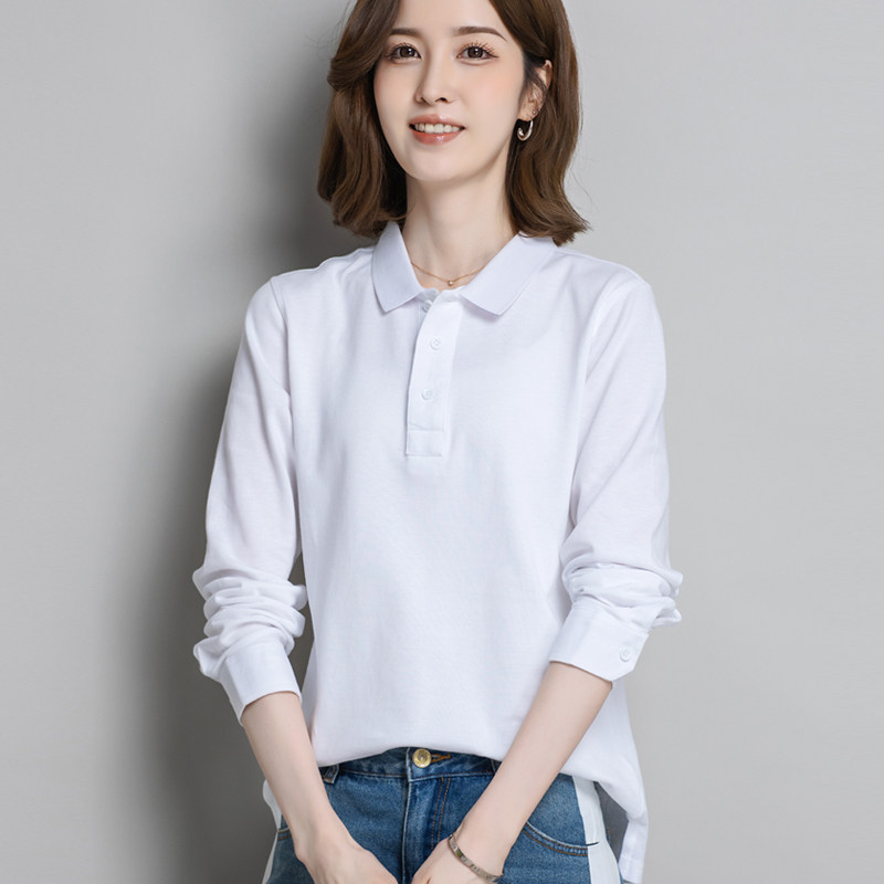 纯棉长袖t恤女春秋工作服定制印logo翻领Polo衫宽松大尺码运动上